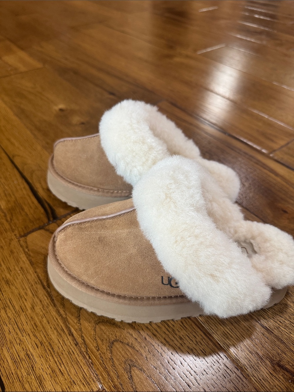 UGG Chestnut Suede Slip-On Slippers with Cream Shearling